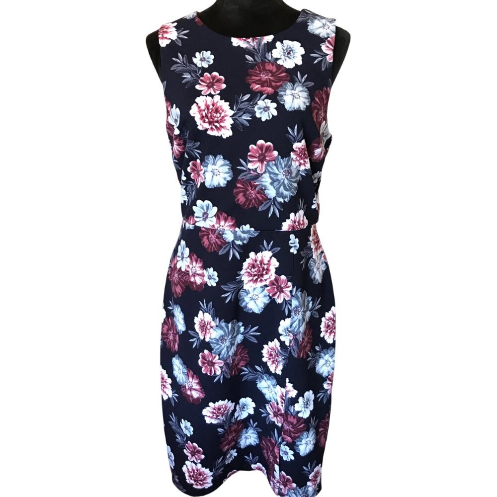 Banana Republic Floral Sheath Dress, Navy with Dark Pink Teal Flowers Size 8